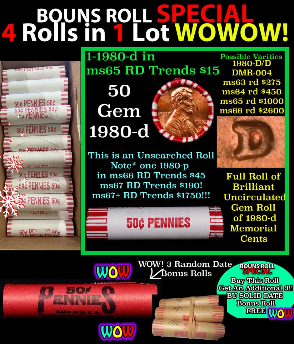 THIS AUCTION ONLY! BU Shotgun Lincoln 1c roll, 1980-d 50 pcs Plus THREE bonus random date BU roll!: THIS AUCTION ONLY! BU Shotgun Lincoln 1c roll, 1980-d 50 pcs Plus THREE bonus random date BU roll! Bank Wrapper 50c. A terrific Shotgun roll of Lincoln cents in a Bank wrapper. Most if not all coins s