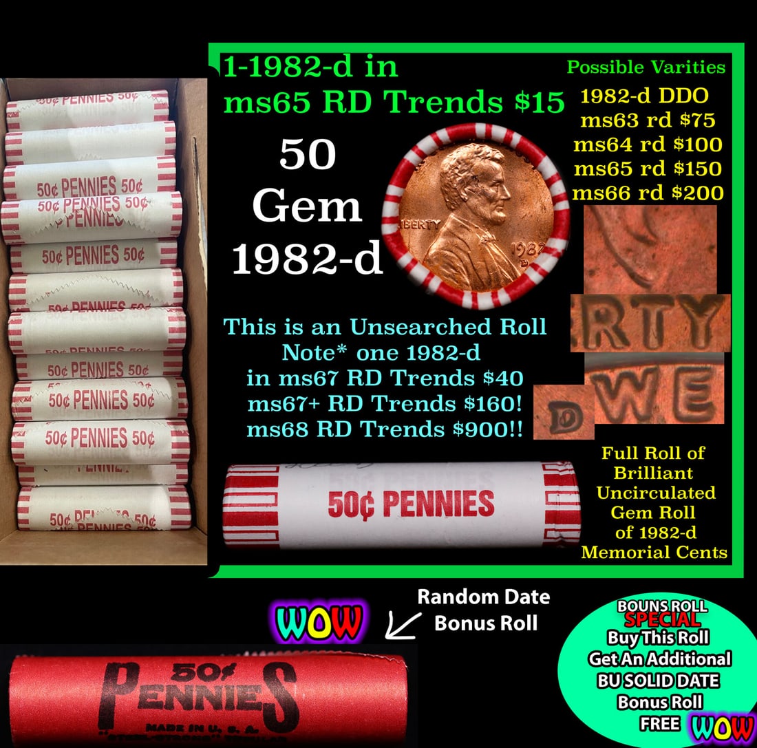 THIS AUCTION ONLY! BU Shotgun Lincoln 1c roll, 1982-d 50 pcs Plus one bonus random date BU roll!: THIS AUCTION ONLY! BU Shotgun Lincoln 1c roll, 1982-d 50 pcs Plus one bonus random date BU roll! Bank Wrapper 50c. A terrific Shotgun roll of Lincoln cents in a Bank wrapper. Most if not all coins sho