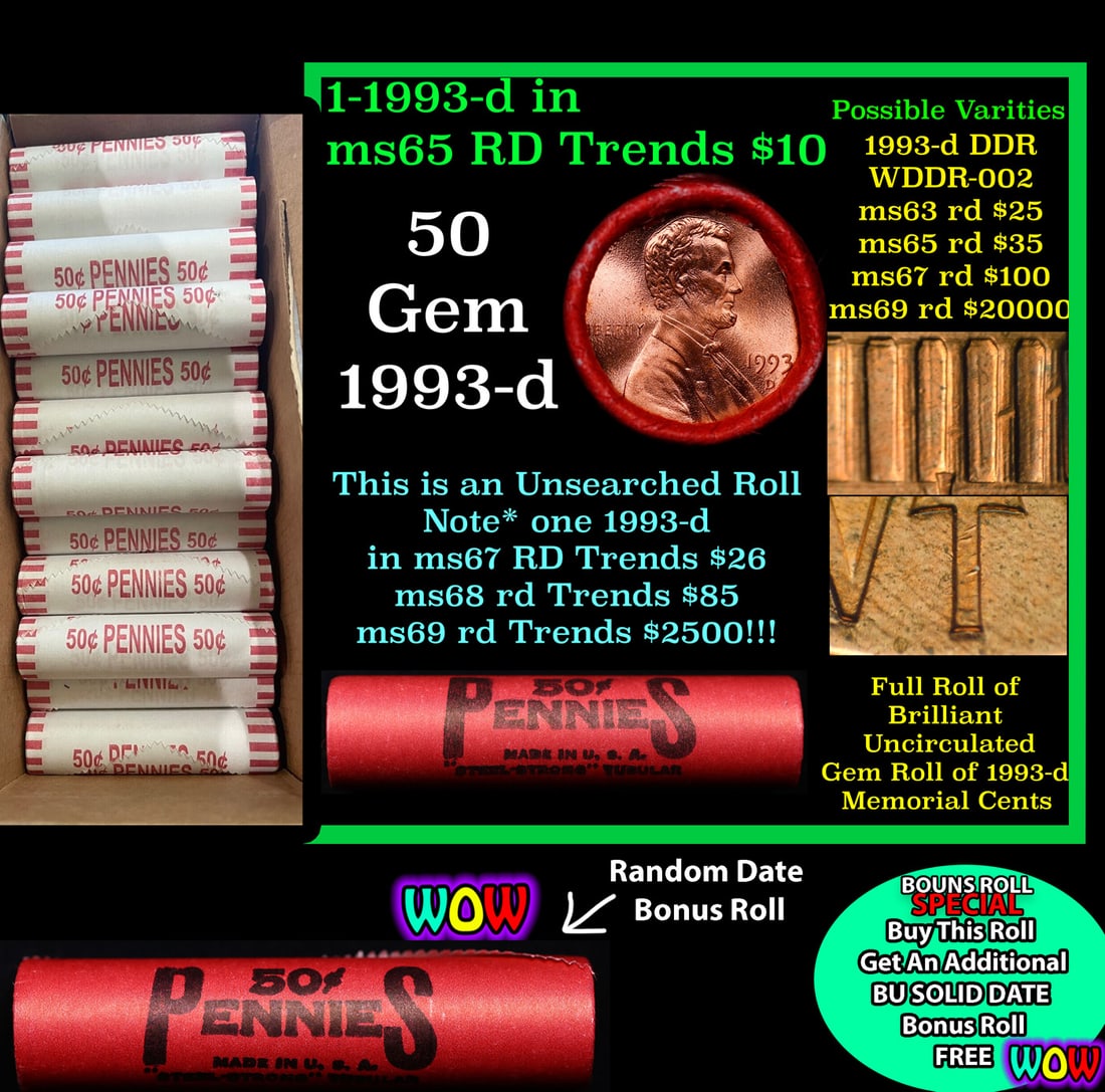 THIS AUCTION ONLY! BU Shotgun Lincoln 1c roll, 1993-d 50 pcs Plus one bonus random date BU roll!: THIS AUCTION ONLY! BU Shotgun Lincoln 1c roll, 1993-d 50 pcs Plus one bonus random date BU roll! Bank Wrapper 50c. A terrific Shotgun roll of Lincoln cents in a Bank wrapper. Most if not all coins sho
