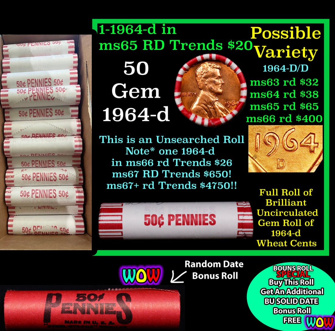 THIS AUCTION ONLY! BU Shotgun Lincoln 1c roll, 1964-d 50 pcs Plus one bonus random date BU roll!: THIS AUCTION ONLY! BU Shotgun Lincoln 1c roll, 1964-d 50 pcs Plus one bonus random date BU roll! Bank Wrapper 50c. A terrific Shotgun roll of Lincoln cents in a Bank wrapper. Most if not all coins sho