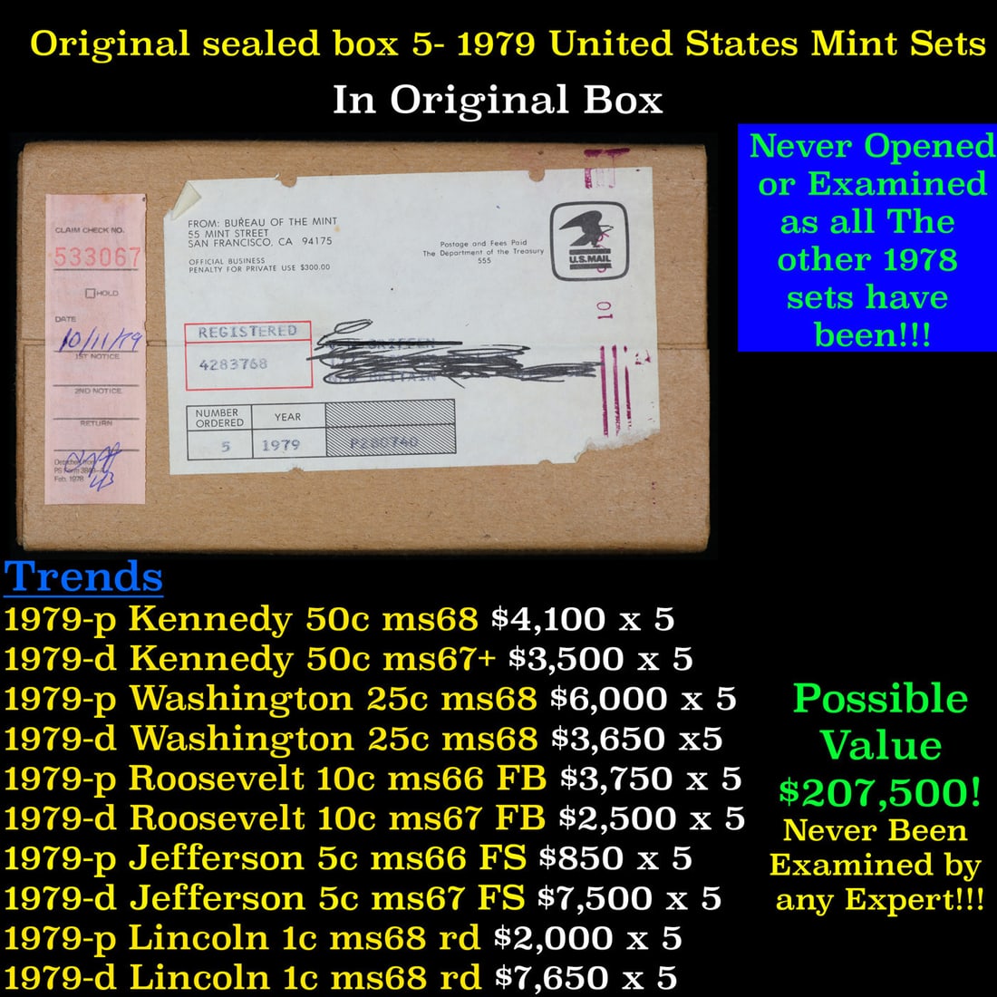 Original sealed box 5- 1979 United States Mint Sets: Original sealed box 5- 1979 United States Mint Sets. Up for Auction is an Unopened Mailer Box from 1979 containing 5 1979 Mint Sets!!!! Wow! - This Mailer Box is sealed exactly as it left the mint ove