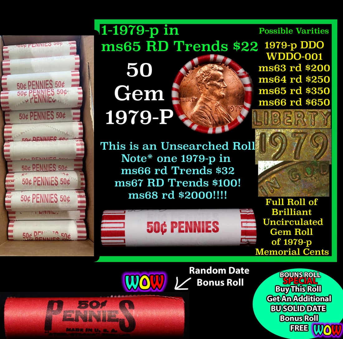 THIS AUCTION ONLY! BU Shotgun Lincoln 1c roll, 1979-p 50 pcs Plus one bonus random date BU roll!: THIS AUCTION ONLY! BU Shotgun Lincoln 1c roll, 1979-p 50 pcs Plus one bonus random date BU roll! Bank Wrapper 50c. A terrific Shotgun roll of Lincoln cents in a Bank wrapper. Most if not all coins sho