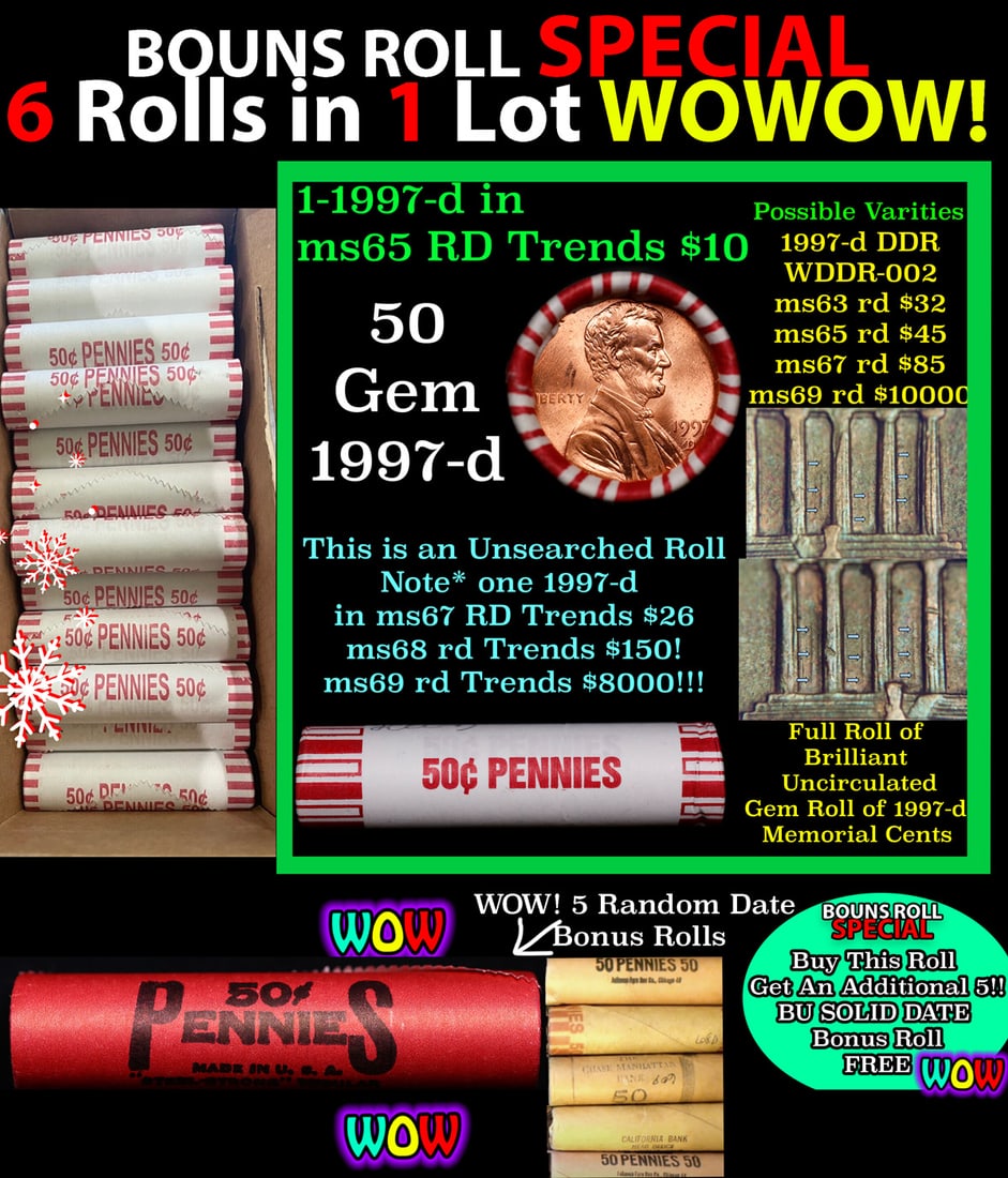 THIS AUCTION ONLY! BU Shotgun Lincoln 1c roll, 1997-d 50 pcs Plus FIVE bonus random date BU roll!: THIS AUCTION ONLY! BU Shotgun Lincoln 1c roll, 1997-d 50 pcs Plus FIVE bonus random date BU roll! Bank Wrapper 50c. A terrific Shotgun roll of Lincoln cents in a Bank wrapper. Most if not all coins sh