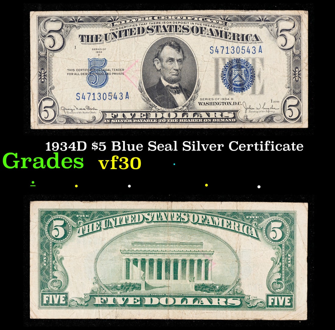 1934D $5 Blue Seal Silver Certificate Grades vf++ (1 of 3)
