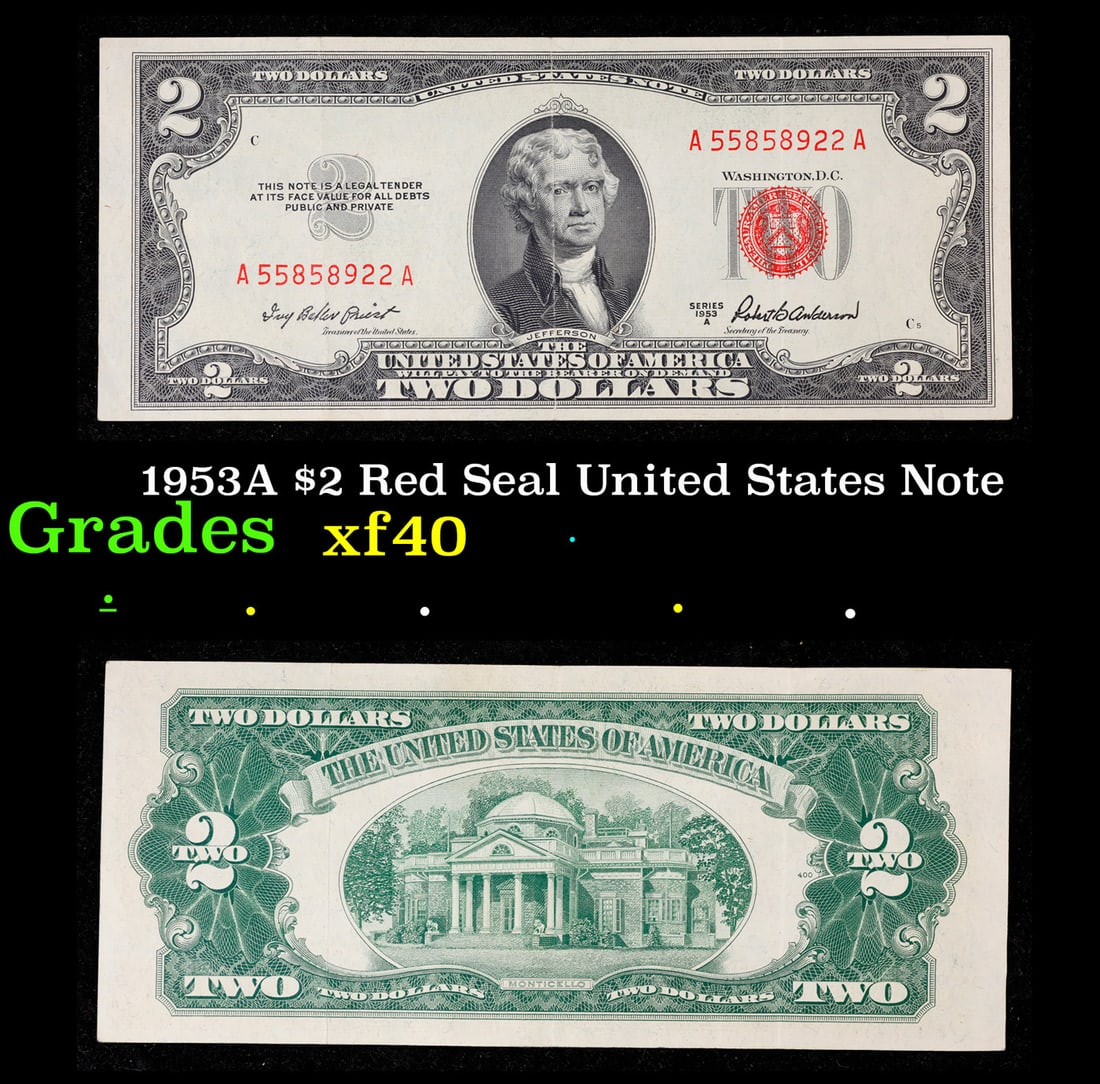 1953A $2 Red Seal United States Note Grades xf: 1953A $2 Red Seal United States Note Grades xf. 1953 red print two dollar bills can be broke up into four different types by signature combination; 1953 – Ivy Baker Priest (Treasurer of The United S
