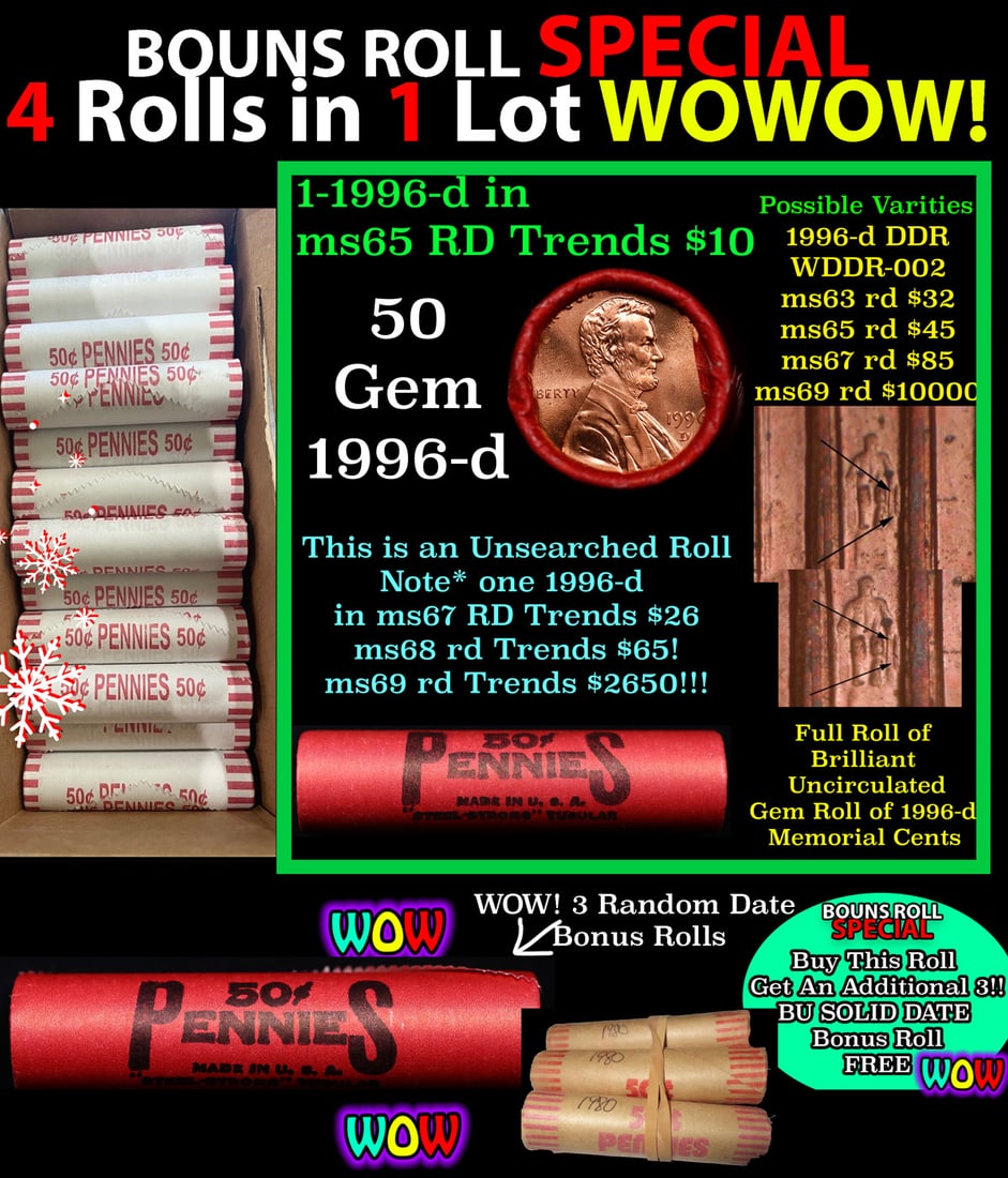 THIS AUCTION ONLY! BU Shotgun Lincoln 1c roll, 1996-d 50 pcs Plus THREE bonus random date BU roll!: THIS AUCTION ONLY! BU Shotgun Lincoln 1c roll, 1996-d 50 pcs Plus THREE bonus random date BU roll! Bank Wrapper 50c. A terrific Shotgun roll of Lincoln cents in a Bank wrapper. Most if not all coins s