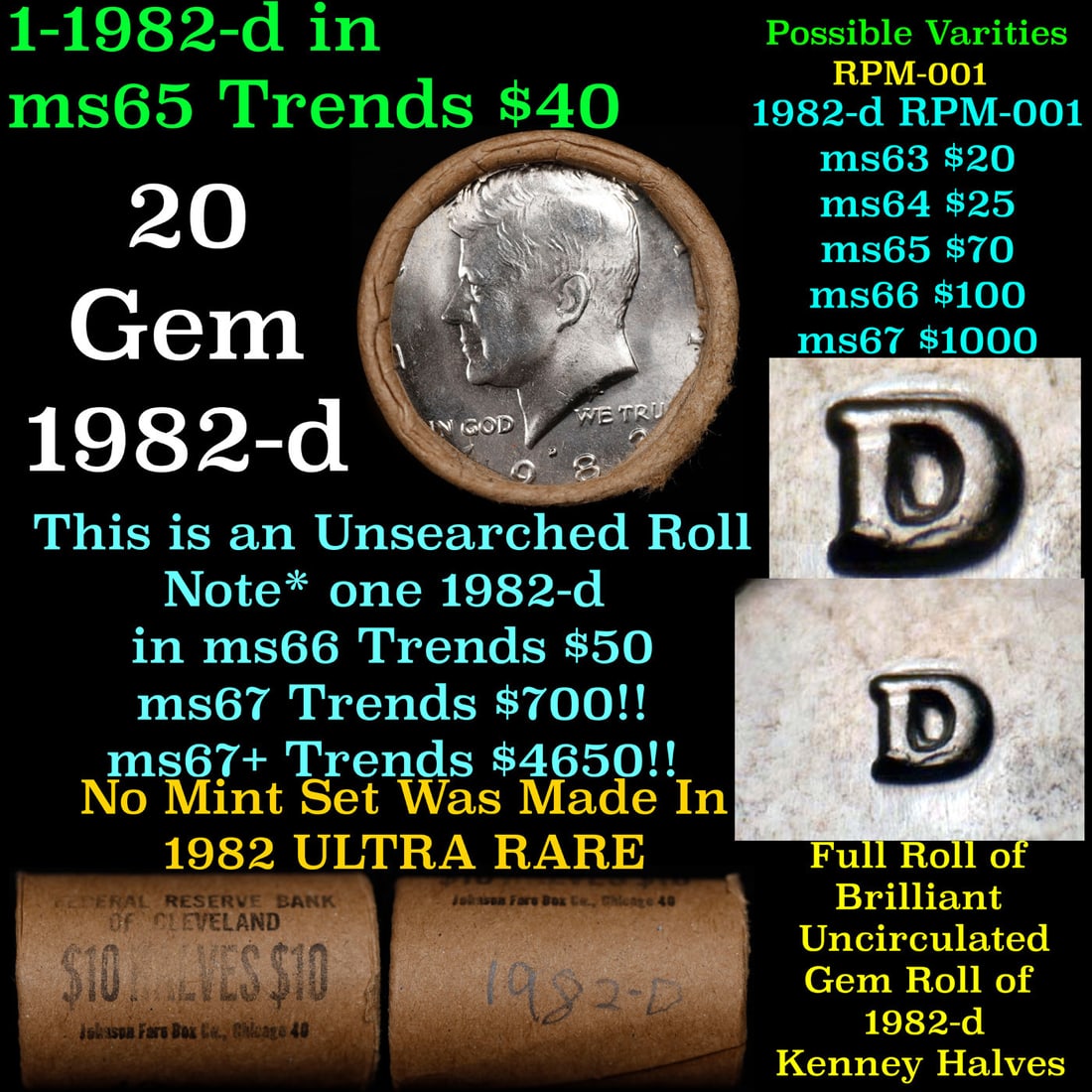 BU Shotgun Kennedy 50c roll, 1982-d 20 pcs Federal Reserve Bank of Minneapolis Wrapper $10 (1 of 3)