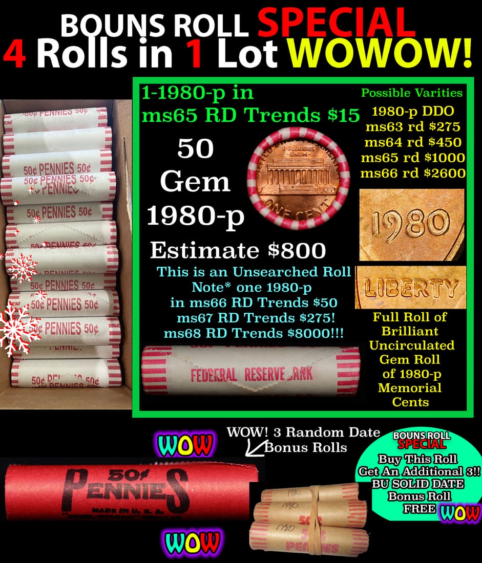 THIS AUCTION ONLY! BU Shotgun Lincoln 1c roll, 1980-p 50 pcs Plus THREE bonus random date BU roll!: THIS AUCTION ONLY! BU Shotgun Lincoln 1c roll, 1980-p 50 pcs Plus THREE bonus random date BU roll! Bank Wrapper 50c. A terrific Shotgun roll of Lincoln cents in a Bank wrapper. Most if not all coins s