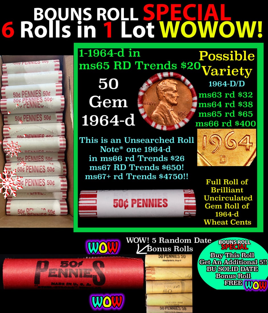 THIS AUCTION ONLY! BU Shotgun Lincoln 1c roll, 1964-d 50 pcs Plus FIVE bonus random date BU roll!: THIS AUCTION ONLY! BU Shotgun Lincoln 1c roll, 1964-d 50 pcs Plus FIVE bonus random date BU roll! Bank Wrapper 50c. A terrific Shotgun roll of Lincoln cents in a Bank wrapper. Most if not all coins sh