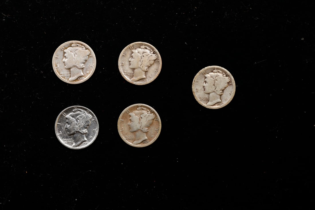 Lot of Five Coins- 1917-d, 1918-s, 1924-d, 1926-s, 1941-s Mercury Dime 10c Grades (1 of 2)
