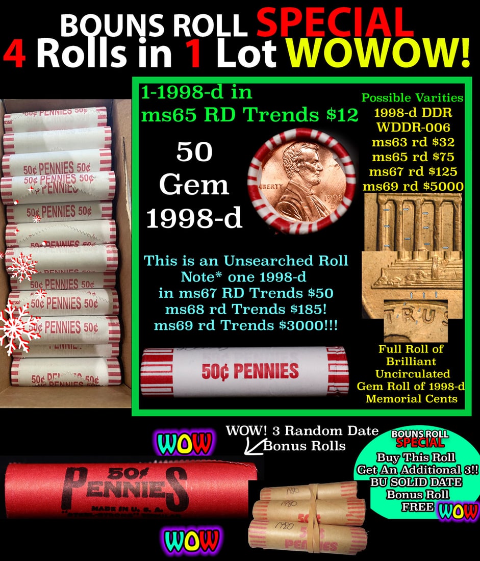 THIS AUCTION ONLY! BU Shotgun Lincoln 1c roll, 1998-d 50 pcs Plus THREE bonus random date BU roll!: THIS AUCTION ONLY! BU Shotgun Lincoln 1c roll, 1998-d 50 pcs Plus THREE bonus random date BU roll! Bank Wrapper 50c. A terrific Shotgun roll of Lincoln cents in a Bank wrapper. Most if not all coins s