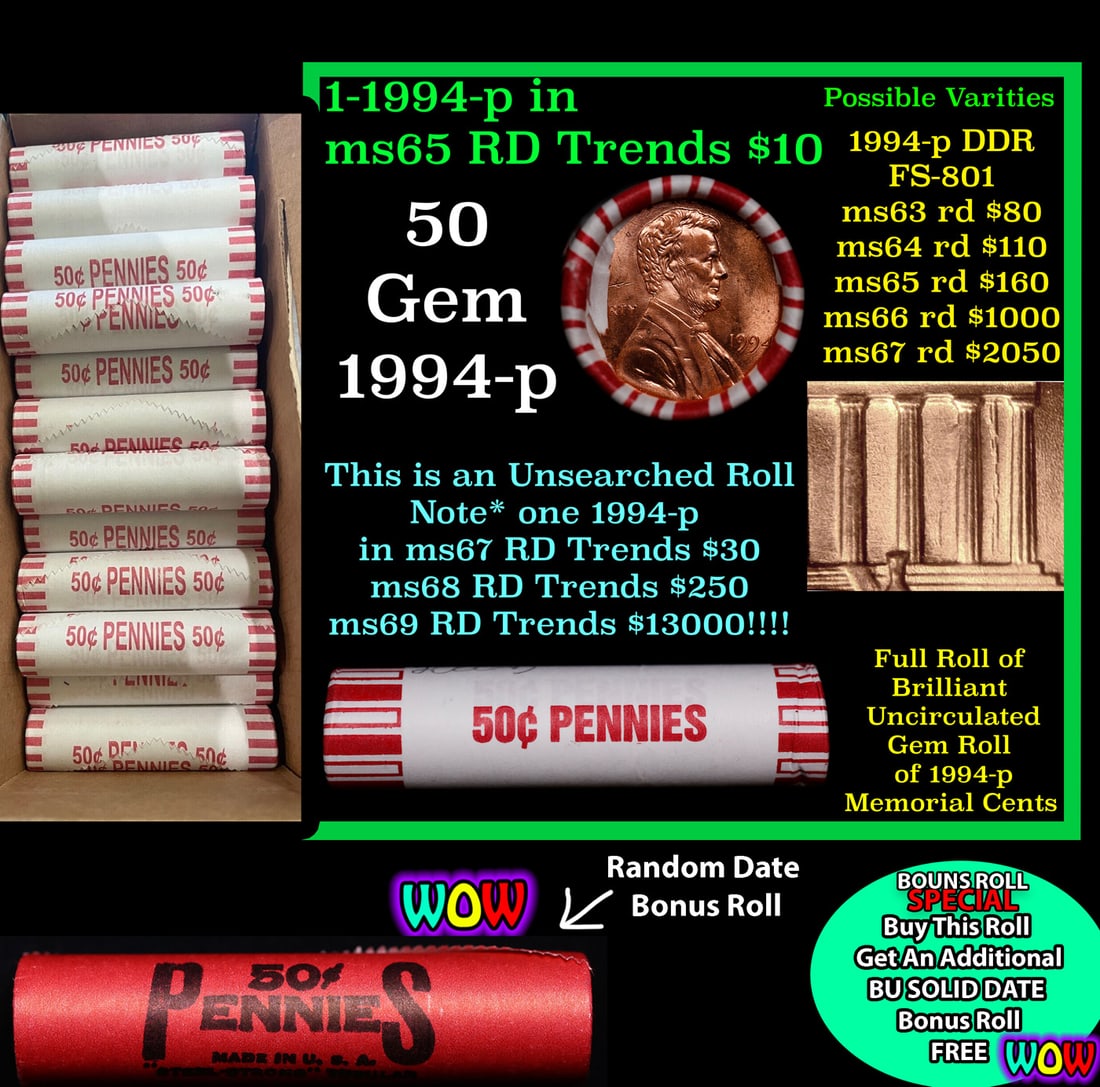 THIS AUCTION ONLY! BU Shotgun Lincoln 1c roll, 1994-p 50 pcs Plus one bonus random date BU roll!: THIS AUCTION ONLY! BU Shotgun Lincoln 1c roll, 1994-p 50 pcs Plus one bonus random date BU roll! Bank Wrapper 50c. A terrific Shotgun roll of Lincoln cents in a Bank wrapper. Most if not all coins sho