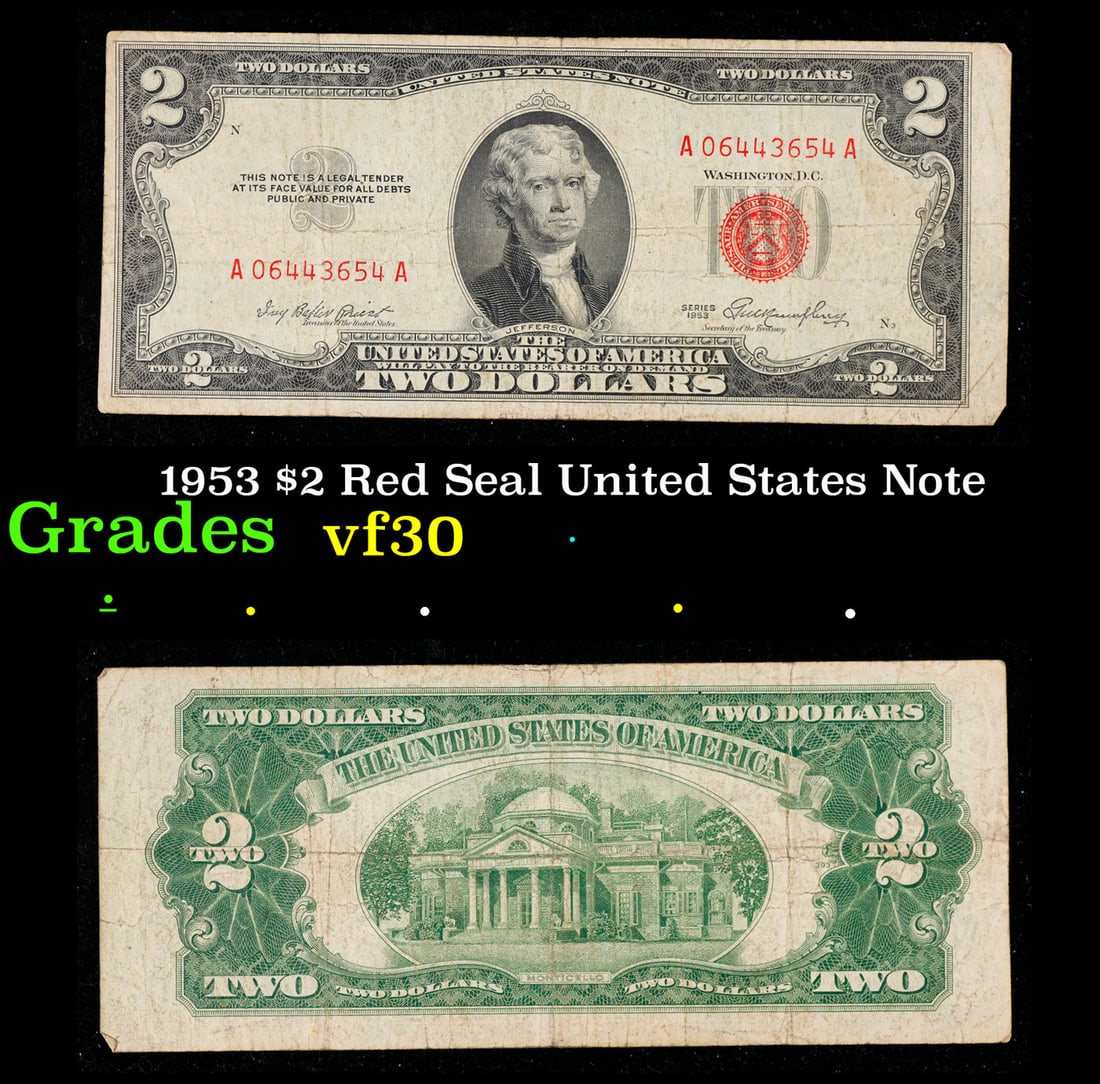 1953 $2 Red Seal United States Note Grades vf++: 1953 $2 Red Seal United States Note Grades vf++. 1953 red print two dollar bills can be broke up into four different types by signature combination; 1953 – Ivy Baker Priest (Treasurer of The United