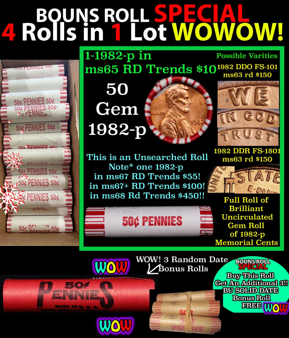 THIS AUCTION ONLY! BU Shotgun Lincoln 1c roll, 1982-p 50 pcs Plus THREE bonus random date BU roll!: THIS AUCTION ONLY! BU Shotgun Lincoln 1c roll, 1982-p 50 pcs Plus THREE bonus random date BU roll! Bank Wrapper 50c. A terrific Shotgun roll of Lincoln cents in a Bank wrapper. Most if not all coins s