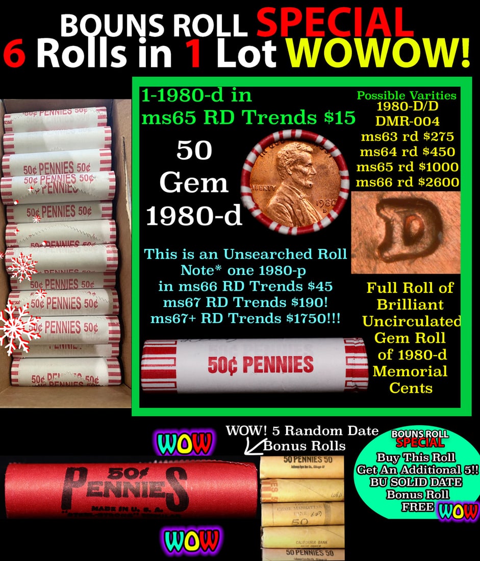 THIS AUCTION ONLY! BU Shotgun Lincoln 1c roll, 1980-d 50 pcs Plus FIVE bonus random date BU roll!: THIS AUCTION ONLY! BU Shotgun Lincoln 1c roll, 1980-d 50 pcs Plus FIVE bonus random date BU roll! Bank Wrapper 50c. A terrific Shotgun roll of Lincoln cents in a Bank wrapper. Most if not all coins sh