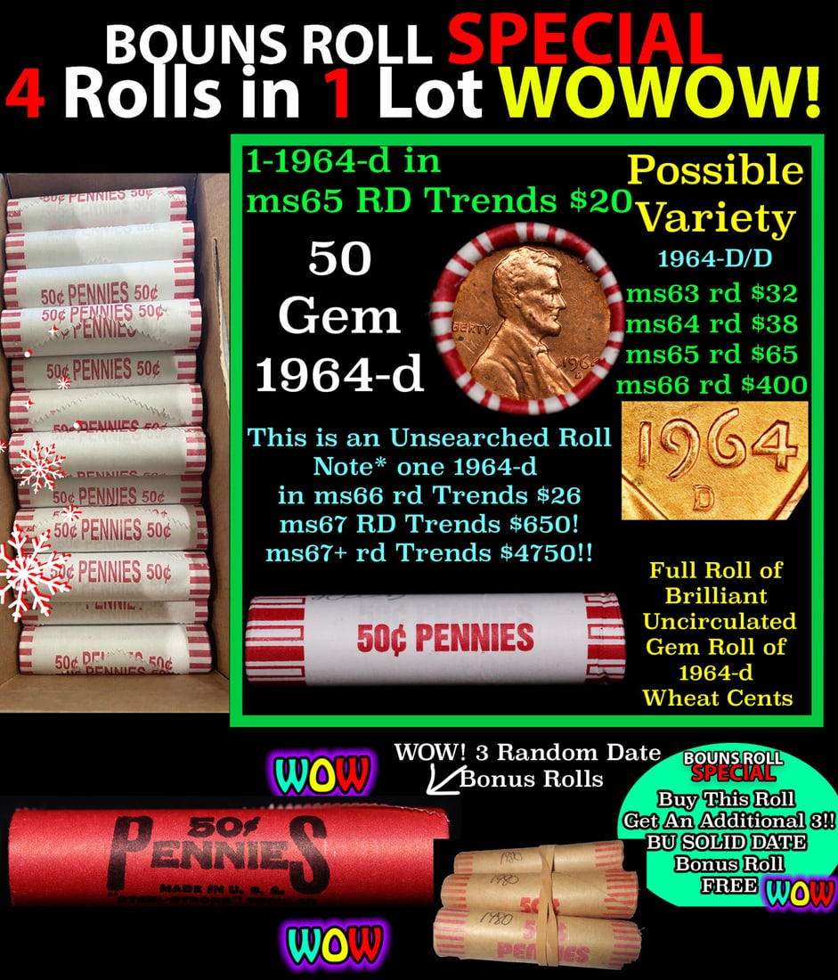 THIS AUCTION ONLY! BU Shotgun Lincoln 1c roll, 1964-d 50 pcs Plus THREE bonus random date BU roll!: THIS AUCTION ONLY! BU Shotgun Lincoln 1c roll, 1964-d 50 pcs Plus THREE bonus random date BU roll! Bank Wrapper 50c. A terrific Shotgun roll of Lincoln cents in a Bank wrapper. Most if not all coins s