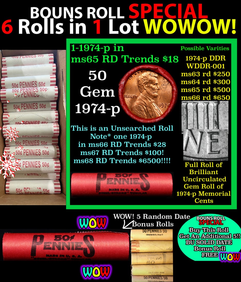 THIS AUCTION ONLY! BU Shotgun Lincoln 1c roll, 1974-p 50 pcs Plus FIVE bonus random date BU roll!: THIS AUCTION ONLY! BU Shotgun Lincoln 1c roll, 1974-p 50 pcs Plus FIVE bonus random date BU roll! Bank Wrapper 50c. A terrific Shotgun roll of Lincoln cents in a Bank wrapper. Most if not all coins sh