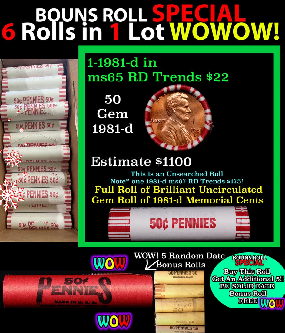 THIS AUCTION ONLY! BU Shotgun Lincoln 1c roll, 1981-d 50 pcs Plus FIVE bonus random date BU roll!: THIS AUCTION ONLY! BU Shotgun Lincoln 1c roll, 1981-d 50 pcs Plus FIVE bonus random date BU roll! Bank Wrapper 50c. A terrific Shotgun roll of Lincoln cents in a Bank wrapper. Most if not all coins sh