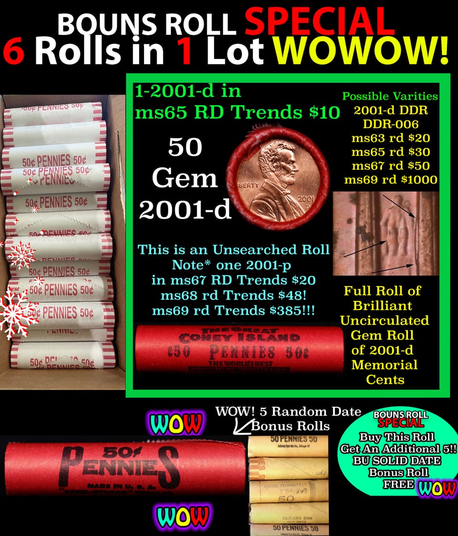 THIS AUCTION ONLY! BU Shotgun Lincoln 1c roll, 2001-d 50 pcs Plus FIVE bonus random date BU roll!: THIS AUCTION ONLY! BU Shotgun Lincoln 1c roll, 2001-d 50 pcs Plus FIVE bonus random date BU roll! Bank Wrapper 50c. A terrific Shotgun roll of Lincoln cents in a Bank wrapper. Most if not all coins sh