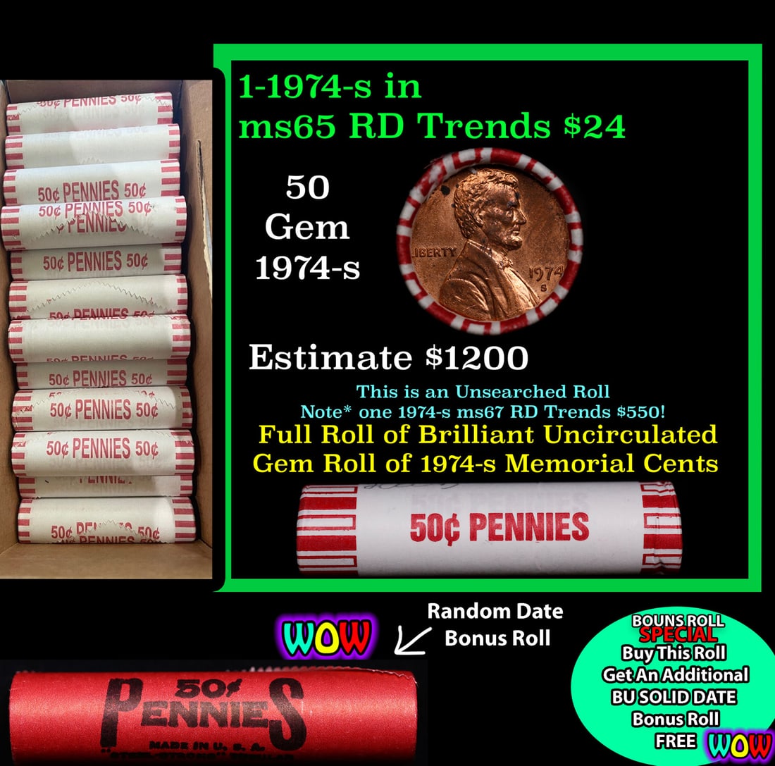 THIS AUCTION ONLY! BU Shotgun Lincoln 1c roll, 1974-s 50 pcs Plus one bonus random date BU roll!: THIS AUCTION ONLY! BU Shotgun Lincoln 1c roll, 1974-s 50 pcs Plus one bonus random date BU roll! Bank Wrapper 50c. A terrific Shotgun roll of Lincoln cents in a Bank wrapper. Most if not all coins sho