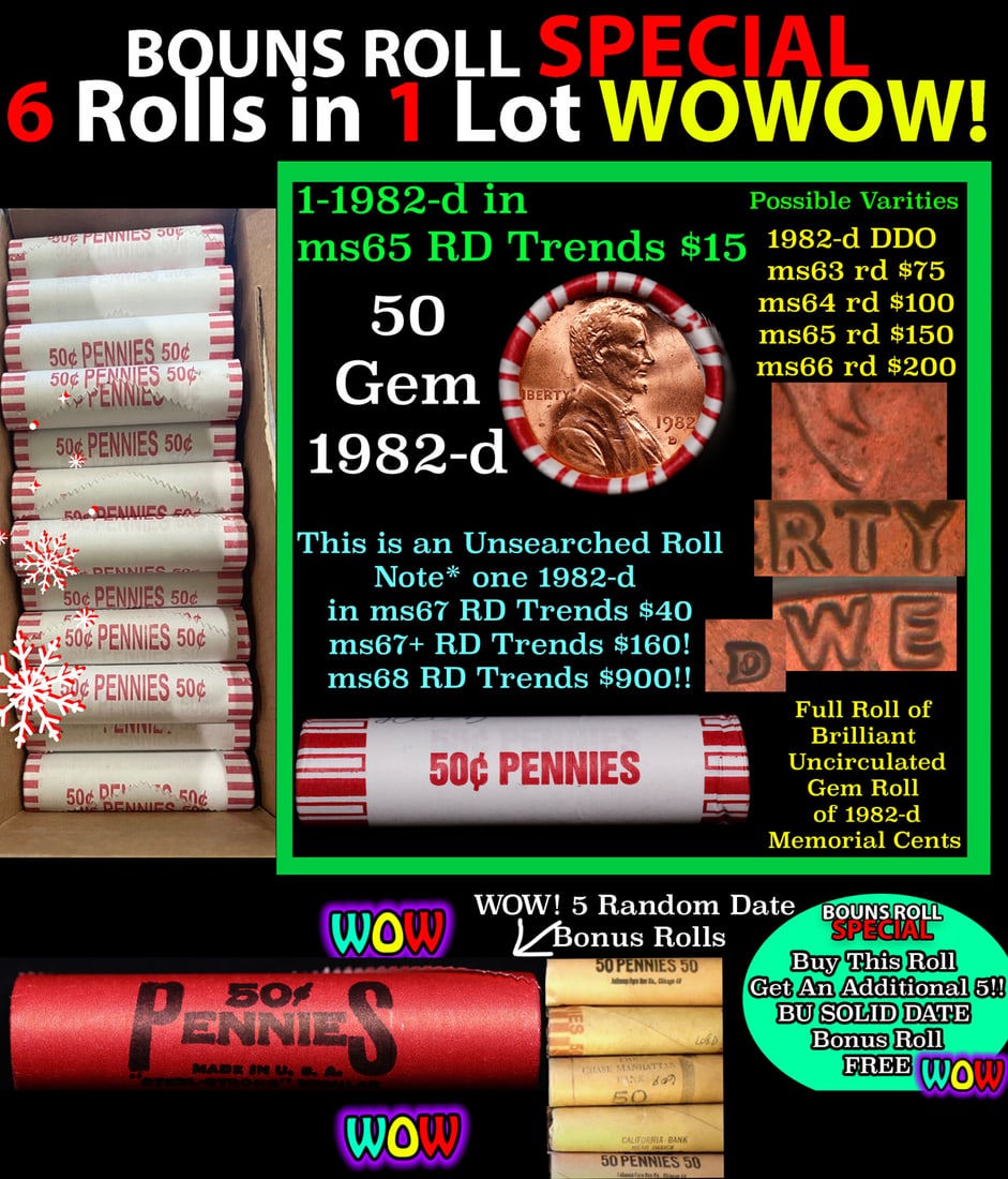 THIS AUCTION ONLY! BU Shotgun Lincoln 1c roll, 1982-d 50 pcs Plus FIVE bonus random date BU roll!: THIS AUCTION ONLY! BU Shotgun Lincoln 1c roll, 1982-d 50 pcs Plus FIVE bonus random date BU roll! Bank Wrapper 50c. A terrific Shotgun roll of Lincoln cents in a Bank wrapper. Most if not all coins sh