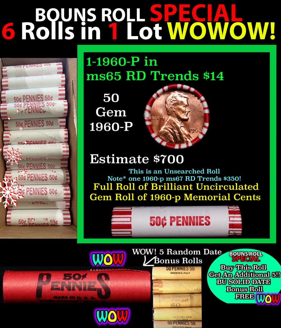 THIS AUCTION ONLY! BU Shotgun Lincoln 1c roll, 1960-p 50 pcs Plus FIVE bonus random date BU roll!: THIS AUCTION ONLY! BU Shotgun Lincoln 1c roll, 1960-p 50 pcs Plus FIVE bonus random date BU roll! Bank Wrapper 50c. A terrific Shotgun roll of Lincoln cents in a Bank wrapper. Most if not all coins sh