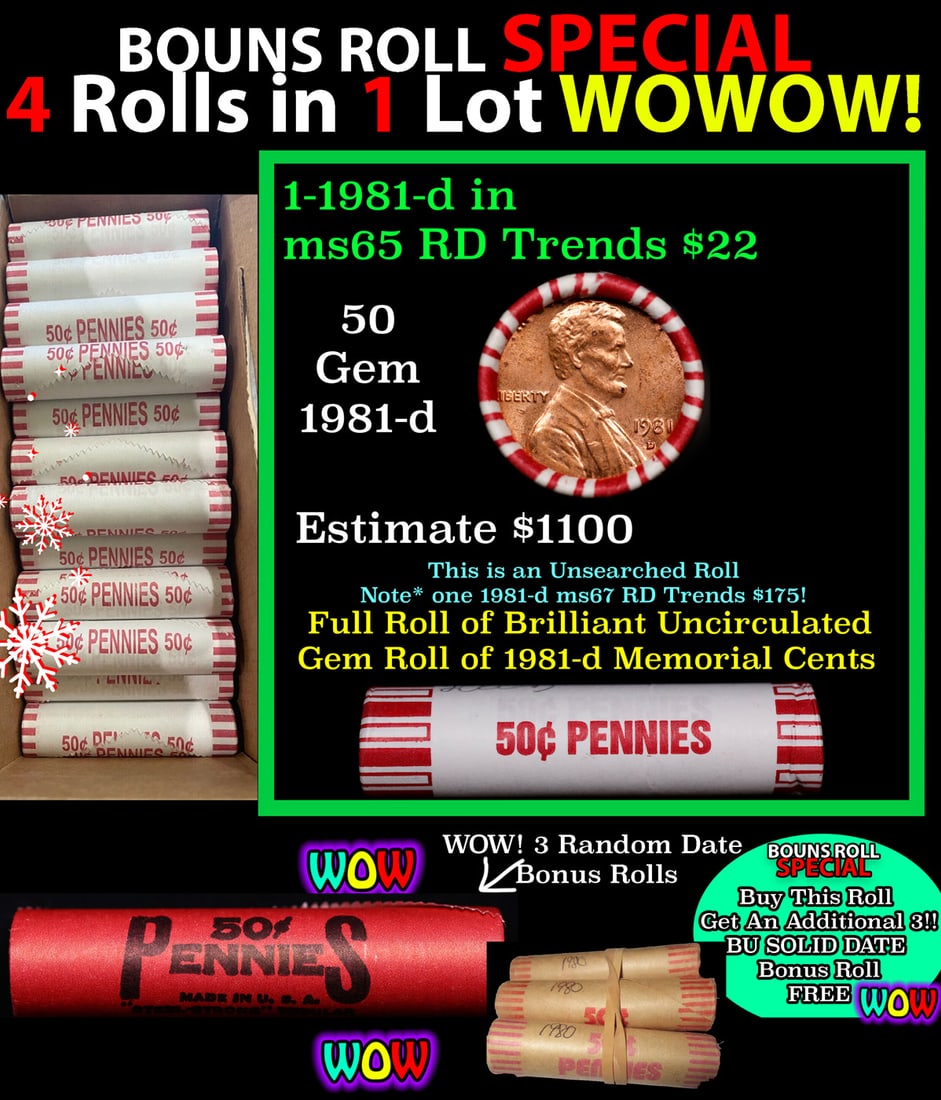 THIS AUCTION ONLY! BU Shotgun Lincoln 1c roll, 1981-d 50 pcs Plus THREE bonus random date BU roll!: THIS AUCTION ONLY! BU Shotgun Lincoln 1c roll, 1981-d 50 pcs Plus THREE bonus random date BU roll! Bank Wrapper 50c. A terrific Shotgun roll of Lincoln cents in a Bank wrapper. Most if not all coins s