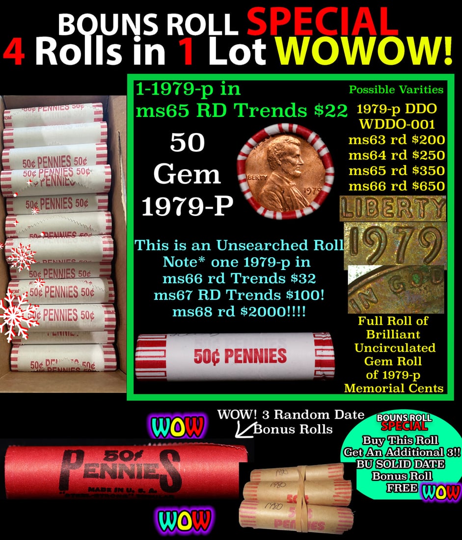 THIS AUCTION ONLY! BU Shotgun Lincoln 1c roll, 1979-p 50 pcs Plus THREE bonus random date BU roll!: THIS AUCTION ONLY! BU Shotgun Lincoln 1c roll, 1979-p 50 pcs Plus THREE bonus random date BU roll! Bank Wrapper 50c. A terrific Shotgun roll of Lincoln cents in a Bank wrapper. Most if not all coins s