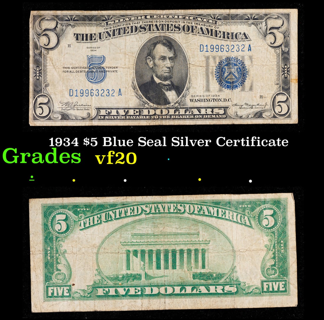 1934 $5 Blue Seal Silver Certificate Grades vf, very fine (1 of 3)