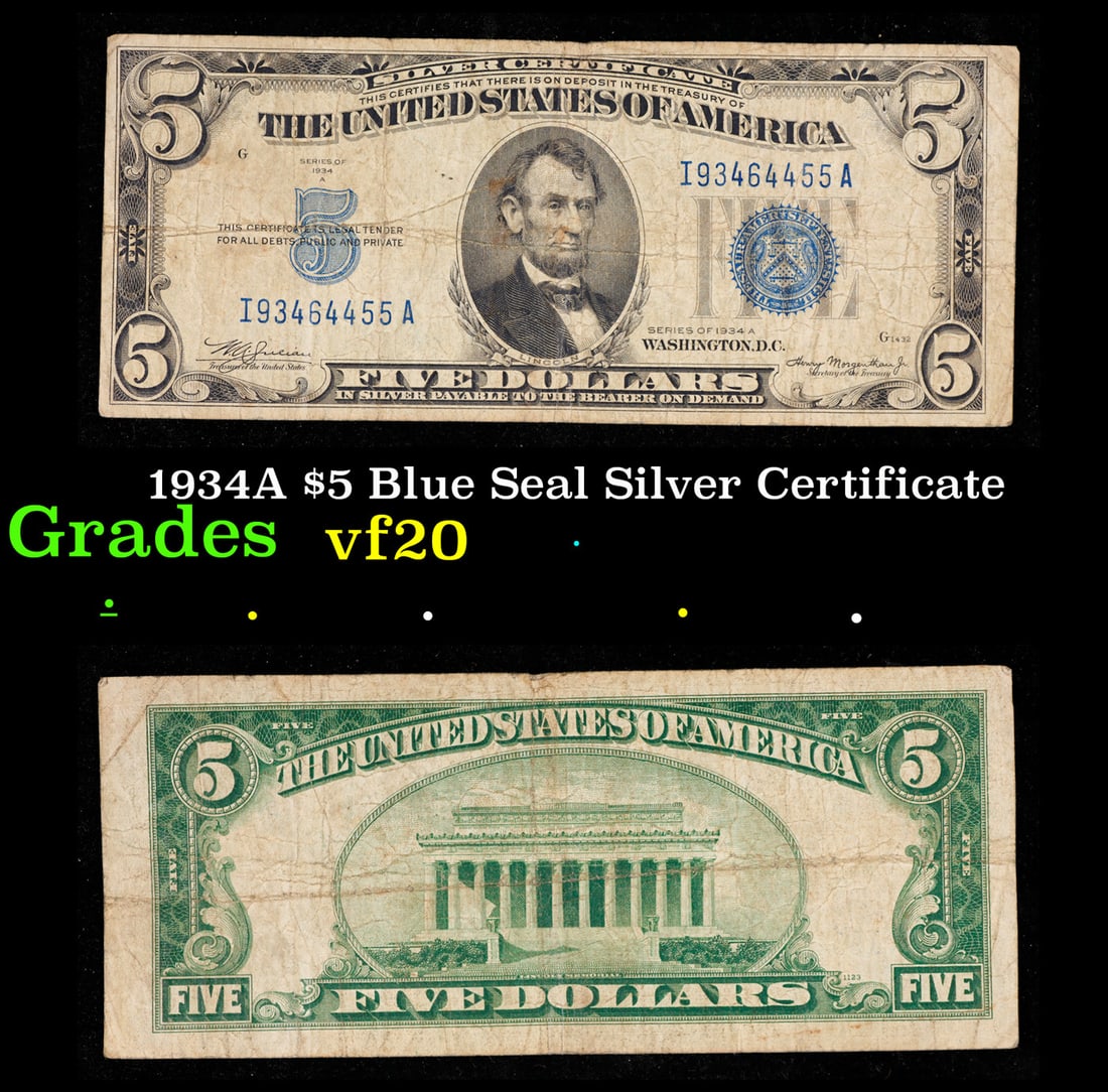 1934A $5 Blue Seal Silver Certificate Grades vf, very fine (1 of 3)