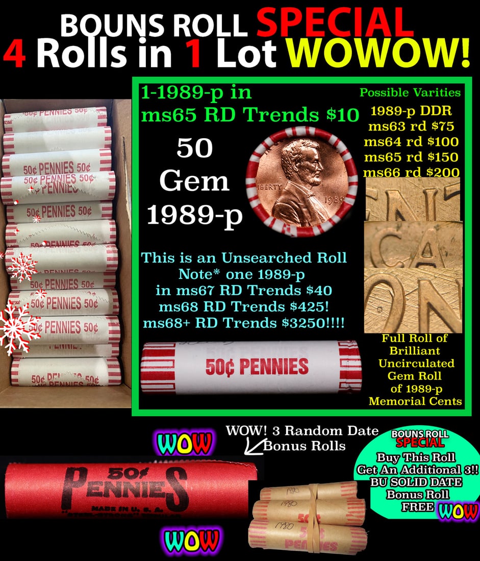 THIS AUCTION ONLY! BU Shotgun Lincoln 1c roll, 1989-p 50 pcs Plus THREE bonus random date BU roll!: THIS AUCTION ONLY! BU Shotgun Lincoln 1c roll, 1989-p 50 pcs Plus THREE bonus random date BU roll! Bank Wrapper 50c. A terrific Shotgun roll of Lincoln cents in a Bank wrapper. Most if not all coins s