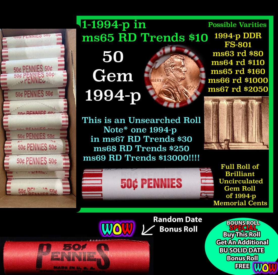 THIS AUCTION ONLY! BU Shotgun Lincoln 1c roll, 1994-p 50 pcs Plus one bonus random date BU roll!: THIS AUCTION ONLY! BU Shotgun Lincoln 1c roll, 1994-p 50 pcs Plus one bonus random date BU roll! Bank Wrapper 50c. A terrific Shotgun roll of Lincoln cents in a Bank wrapper. Most if not all coins sho