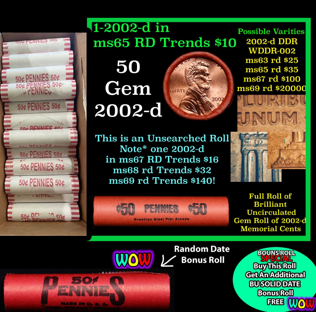 THIS AUCTION ONLY! BU Shotgun Lincoln 1c roll, 2002-d 50 pcs Plus one bonus random date BU roll!: THIS AUCTION ONLY! BU Shotgun Lincoln 1c roll, 2002-d 50 pcs Plus one bonus random date BU roll! Bank Wrapper 50c. A terrific Shotgun roll of Lincoln cents in a Bank wrapper. Most if not all coins sho