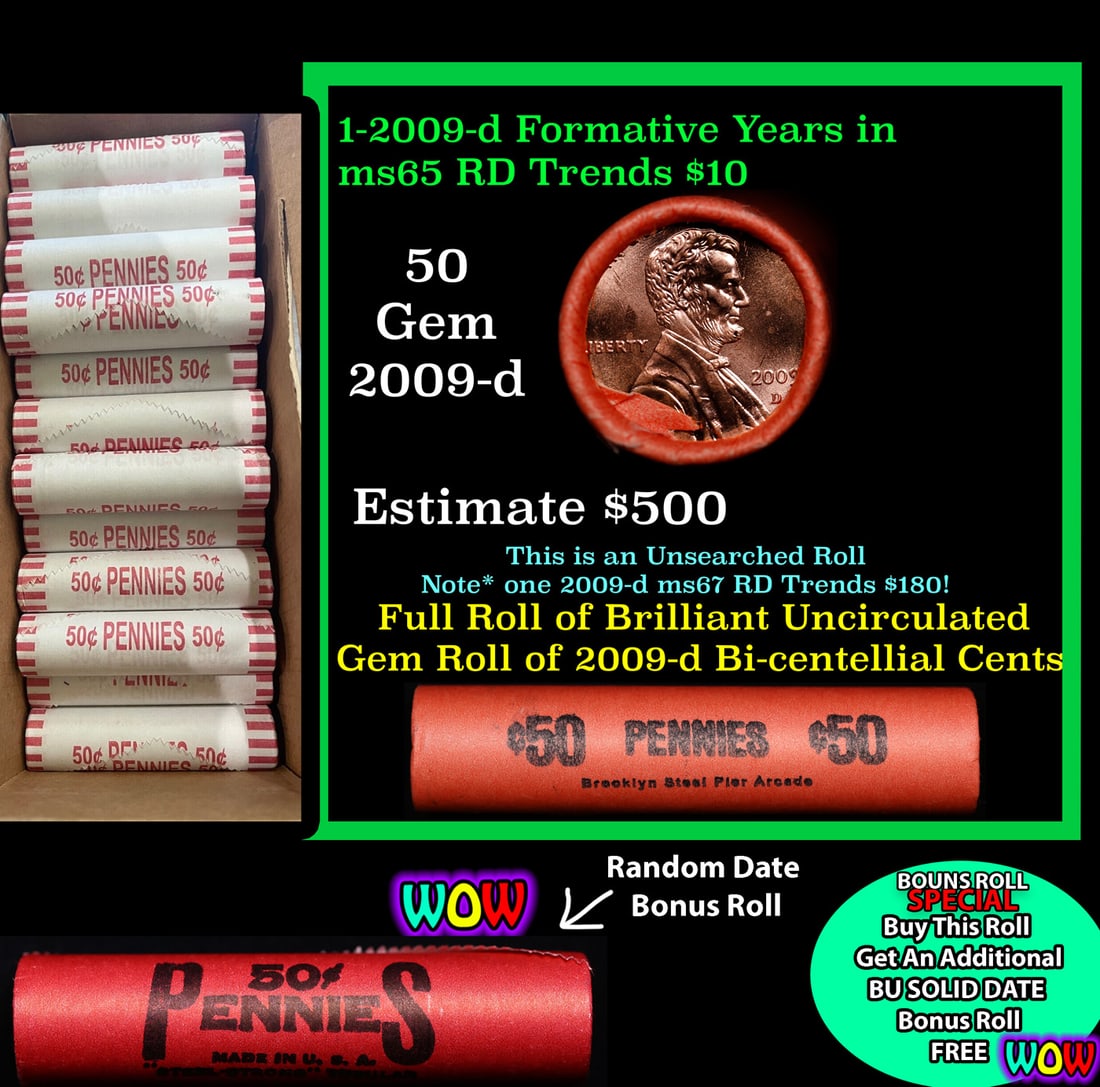 THIS AUCTION ONLY! BU Shotgun Lincoln 1c roll, 2009-d Cabin 50 pcs Plus one bonus random date BU: THIS AUCTION ONLY! BU Shotgun Lincoln 1c roll, 2009-d Cabin 50 pcs Plus one bonus random date BU roll! Bank Wrapper 50c. A terrific Shotgun roll of Lincoln cents in a Bank wrapper. Most if not all coi