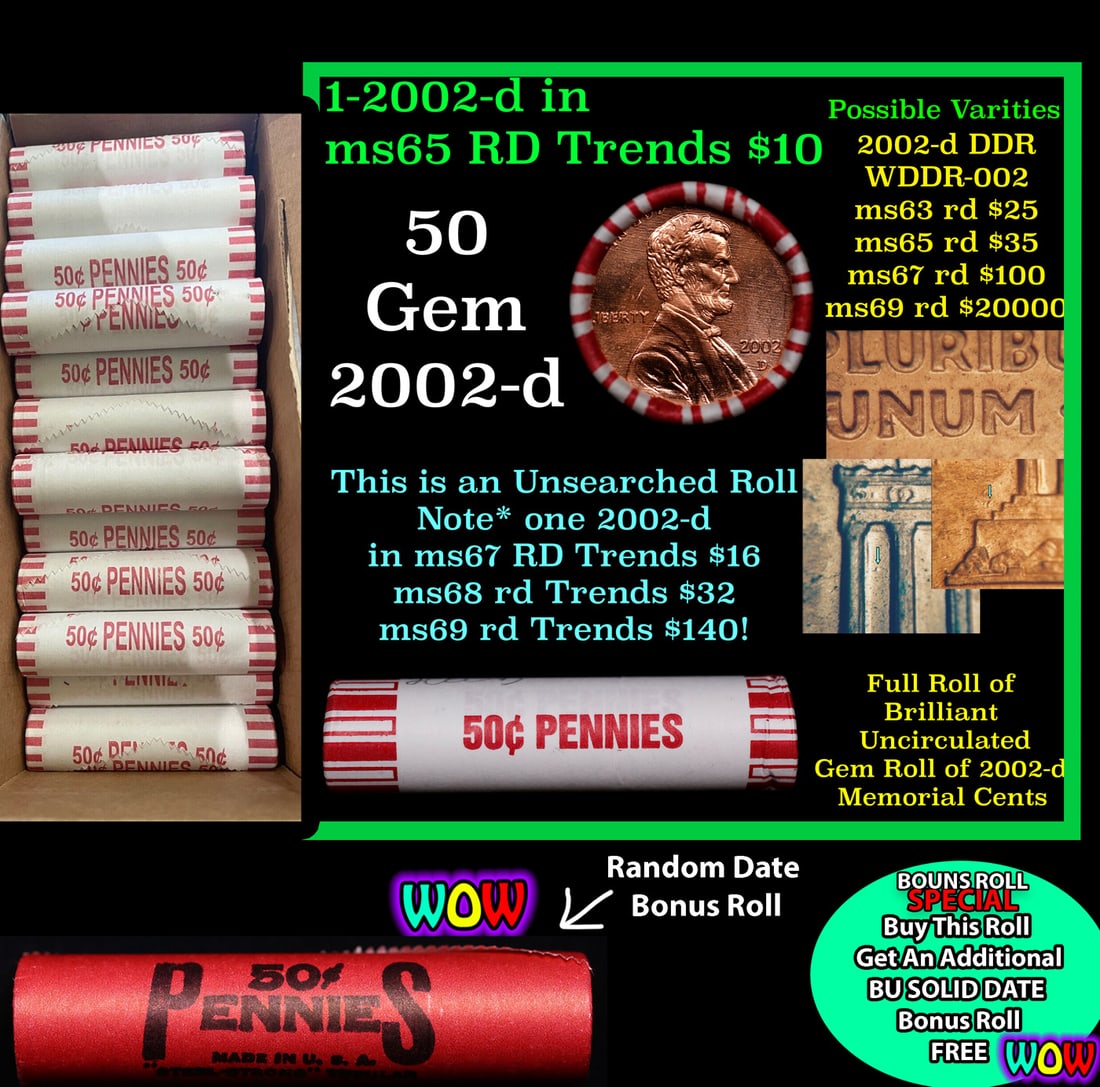 THIS AUCTION ONLY! BU Shotgun Lincoln 1c roll, 2002-d 50 pcs Plus one bonus random date BU roll!: THIS AUCTION ONLY! BU Shotgun Lincoln 1c roll, 2002-d 50 pcs Plus one bonus random date BU roll! Bank Wrapper 50c. A terrific Shotgun roll of Lincoln cents in a Bank wrapper. Most if not all coins sho