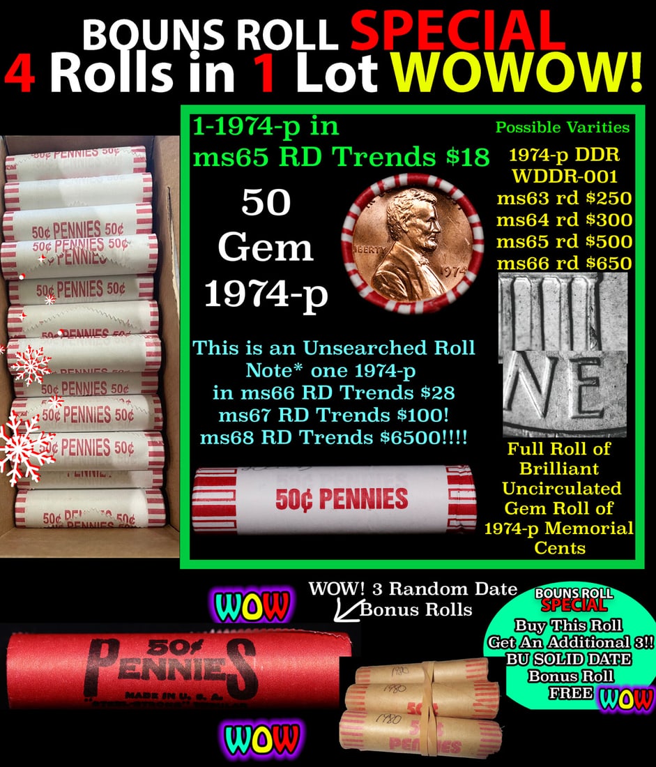 THIS AUCTION ONLY! BU Shotgun Lincoln 1c roll, 1974-p 50 pcs Plus THREE bonus random date BU roll!: THIS AUCTION ONLY! BU Shotgun Lincoln 1c roll, 1974-p 50 pcs Plus THREE bonus random date BU roll! Bank Wrapper 50c. A terrific Shotgun roll of Lincoln cents in a Bank wrapper. Most if not all coins s
