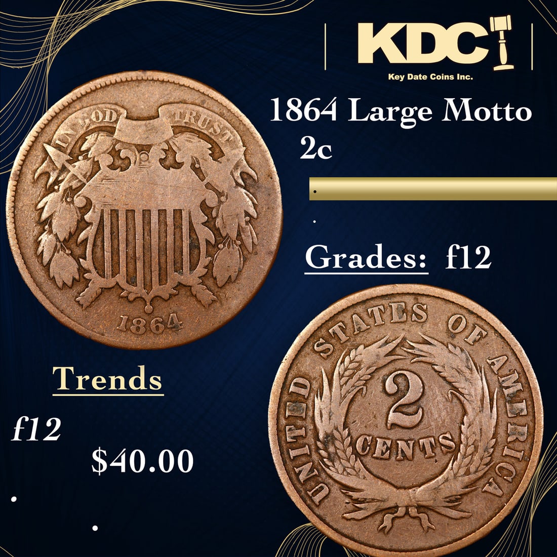 1864 Large Motto Two Cent Piece 2c Grades f, fine (1 of 3)