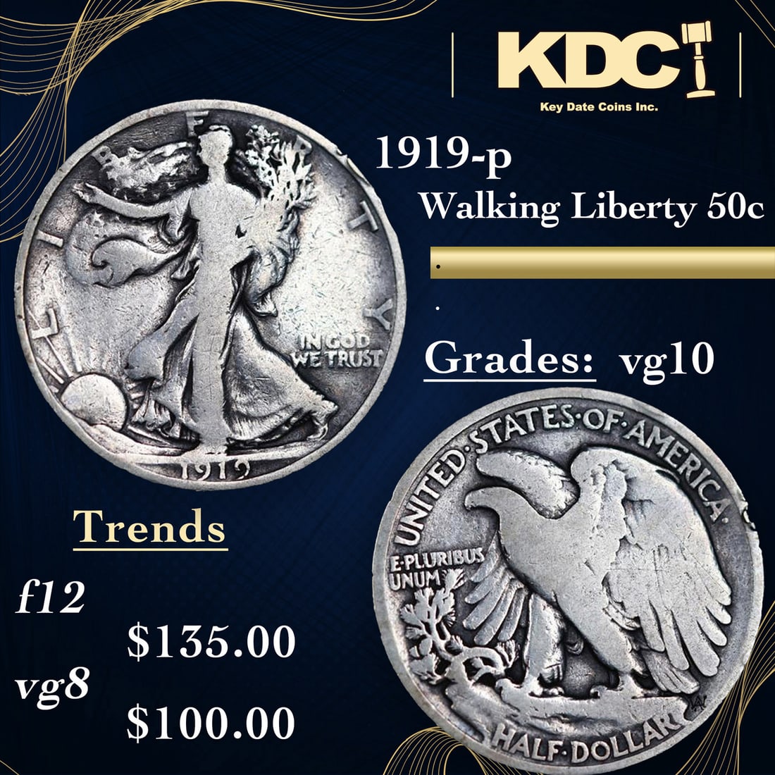 1919-p Walking Liberty Half Dollar 50c Grades vg+ (1 of 3)