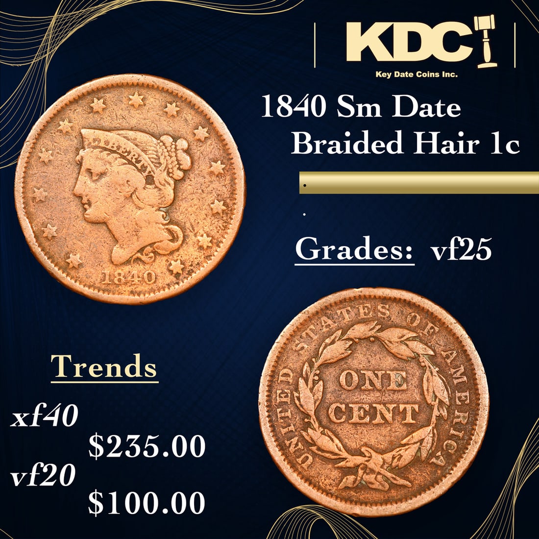 1840 Sm Date Braided Hair Large Cent 1c Grades vf+ (1 of 3)