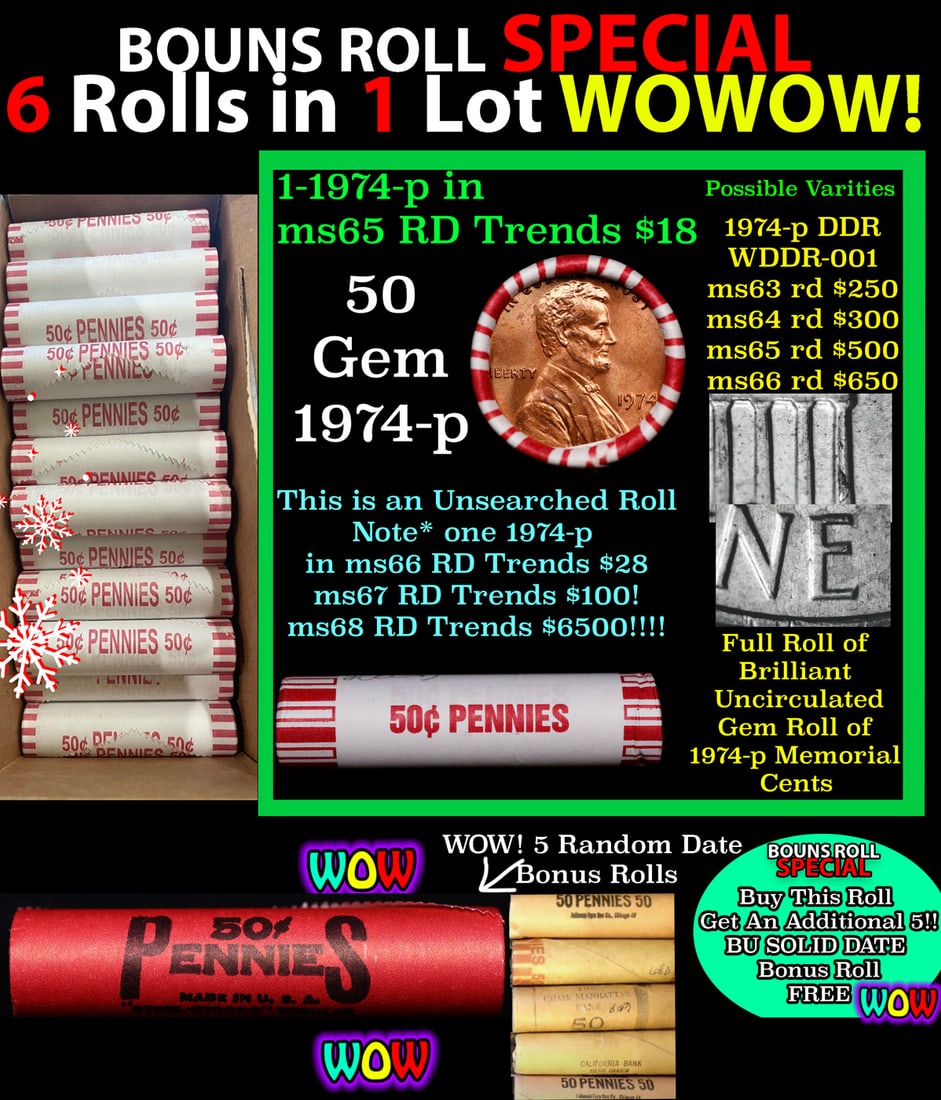 THIS AUCTION ONLY! BU Shotgun Lincoln 1c roll, 1974-p 50 pcs Plus FIVE bonus random date BU roll!: THIS AUCTION ONLY! BU Shotgun Lincoln 1c roll, 1974-p 50 pcs Plus FIVE bonus random date BU roll! Bank Wrapper 50c. A terrific Shotgun roll of Lincoln cents in a Bank wrapper. Most if not all coins sh