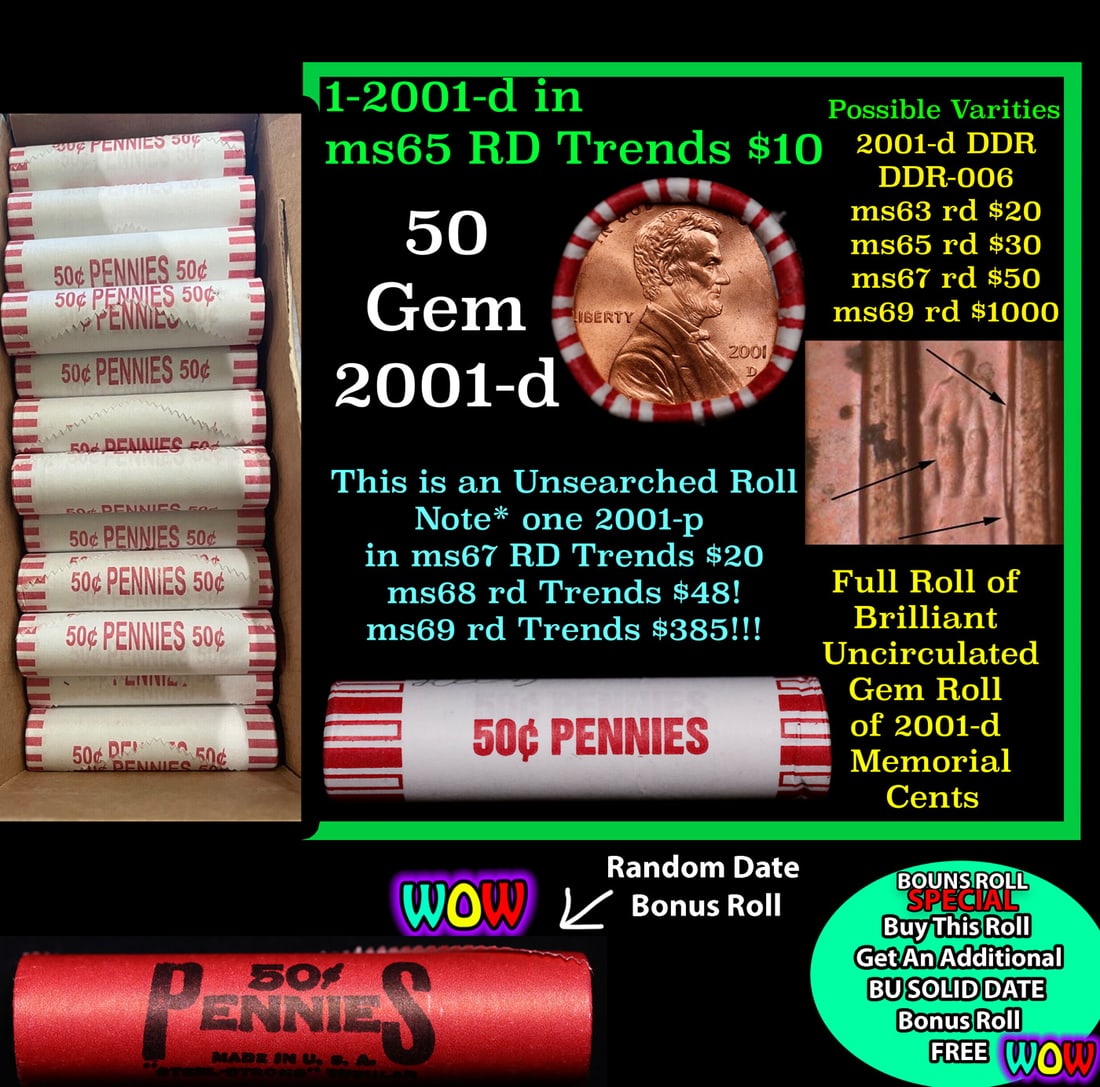 THIS AUCTION ONLY! BU Shotgun Lincoln 1c roll, 2001-d 50 pcs Plus one bonus random date BU roll!: THIS AUCTION ONLY! BU Shotgun Lincoln 1c roll, 2001-d 50 pcs Plus one bonus random date BU roll! Bank Wrapper 50c. A terrific Shotgun roll of Lincoln cents in a Bank wrapper. Most if not all coins sho