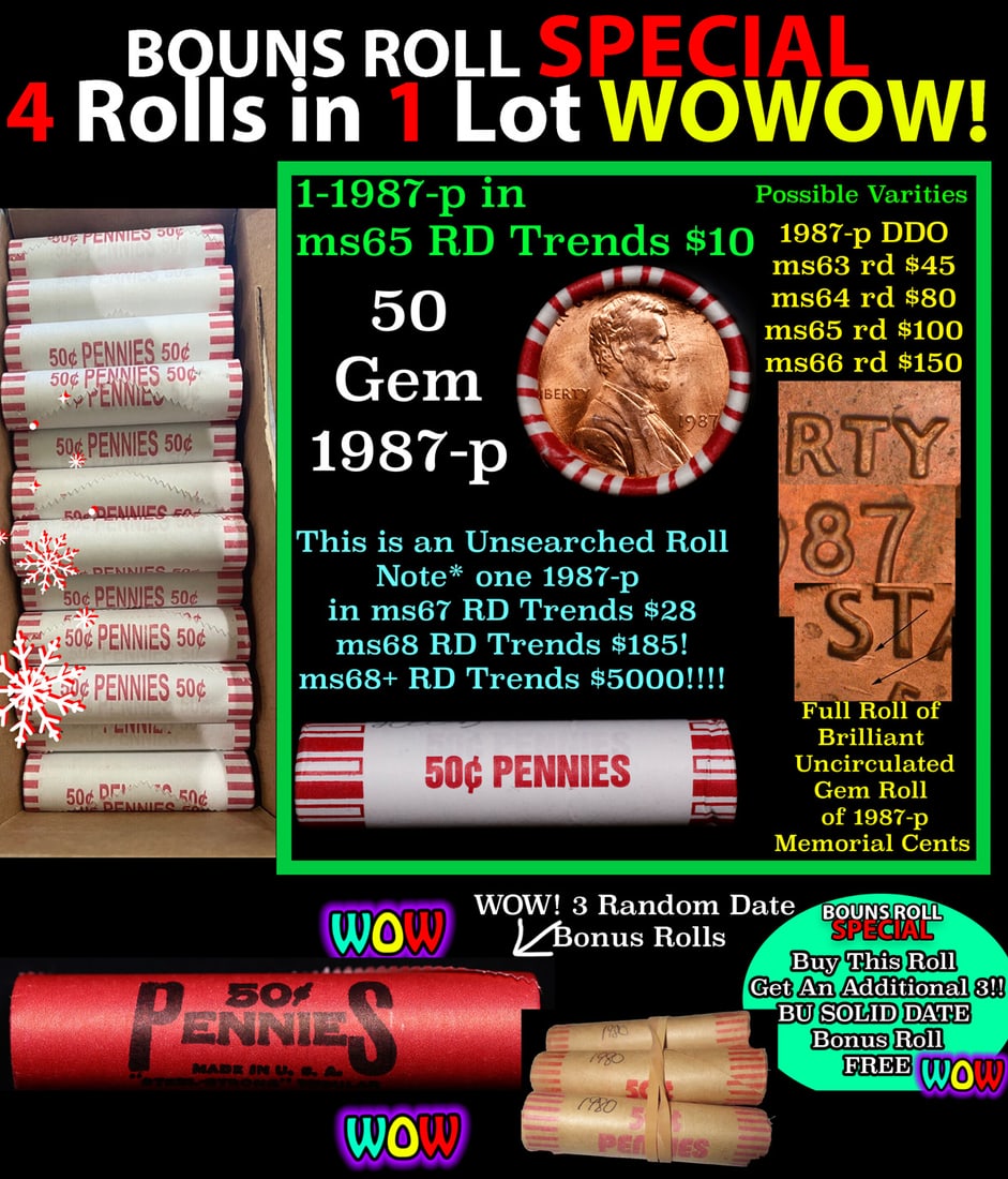THIS AUCTION ONLY! BU Shotgun Lincoln 1c roll, 1987-p 50 pcs Plus THREE bonus random date BU roll!: THIS AUCTION ONLY! BU Shotgun Lincoln 1c roll, 1987-p 50 pcs Plus THREE bonus random date BU roll! Bank Wrapper 50c. A terrific Shotgun roll of Lincoln cents in a Bank wrapper. Most if not all coins s
