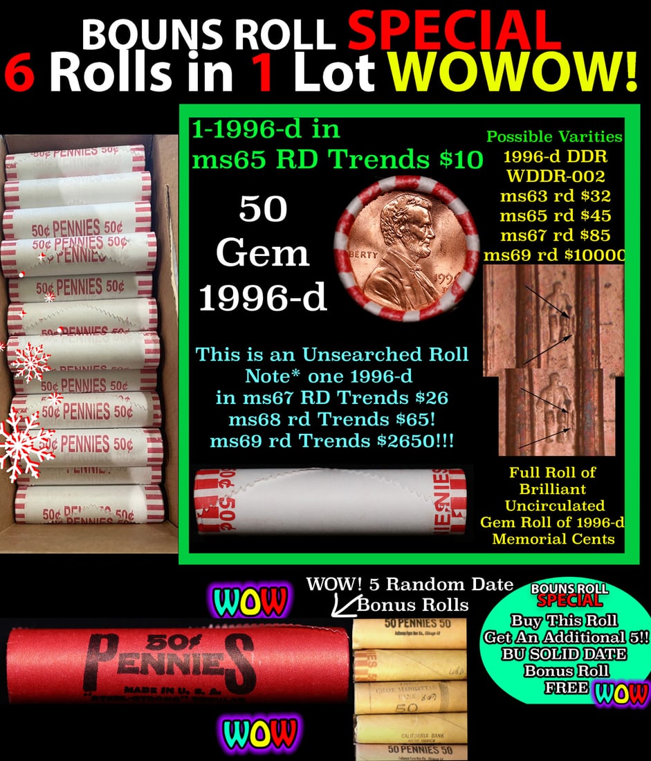 THIS AUCTION ONLY! BU Shotgun Lincoln 1c roll, 1996-d 50 pcs Plus FIVE bonus random date BU roll!: THIS AUCTION ONLY! BU Shotgun Lincoln 1c roll, 1996-d 50 pcs Plus FIVE bonus random date BU roll! Bank Wrapper 50c. A terrific Shotgun roll of Lincoln cents in a Bank wrapper. Most if not all coins sh