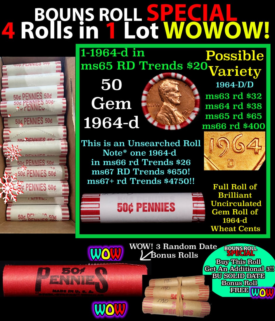 THIS AUCTION ONLY! BU Shotgun Lincoln 1c roll, 1964-d 50 pcs Plus THREE bonus random date BU roll!: THIS AUCTION ONLY! BU Shotgun Lincoln 1c roll, 1964-d 50 pcs Plus THREE bonus random date BU roll! Bank Wrapper 50c. A terrific Shotgun roll of Lincoln cents in a Bank wrapper. Most if not all coins s