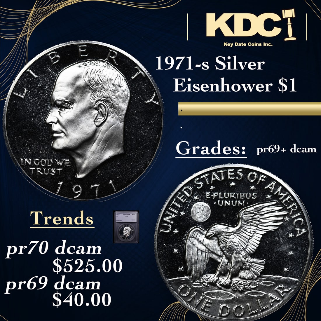 Proof 1971-s Silver Eisenhower Dollar 1 Graded pr69+ dcam By SEGS (1 of 5)