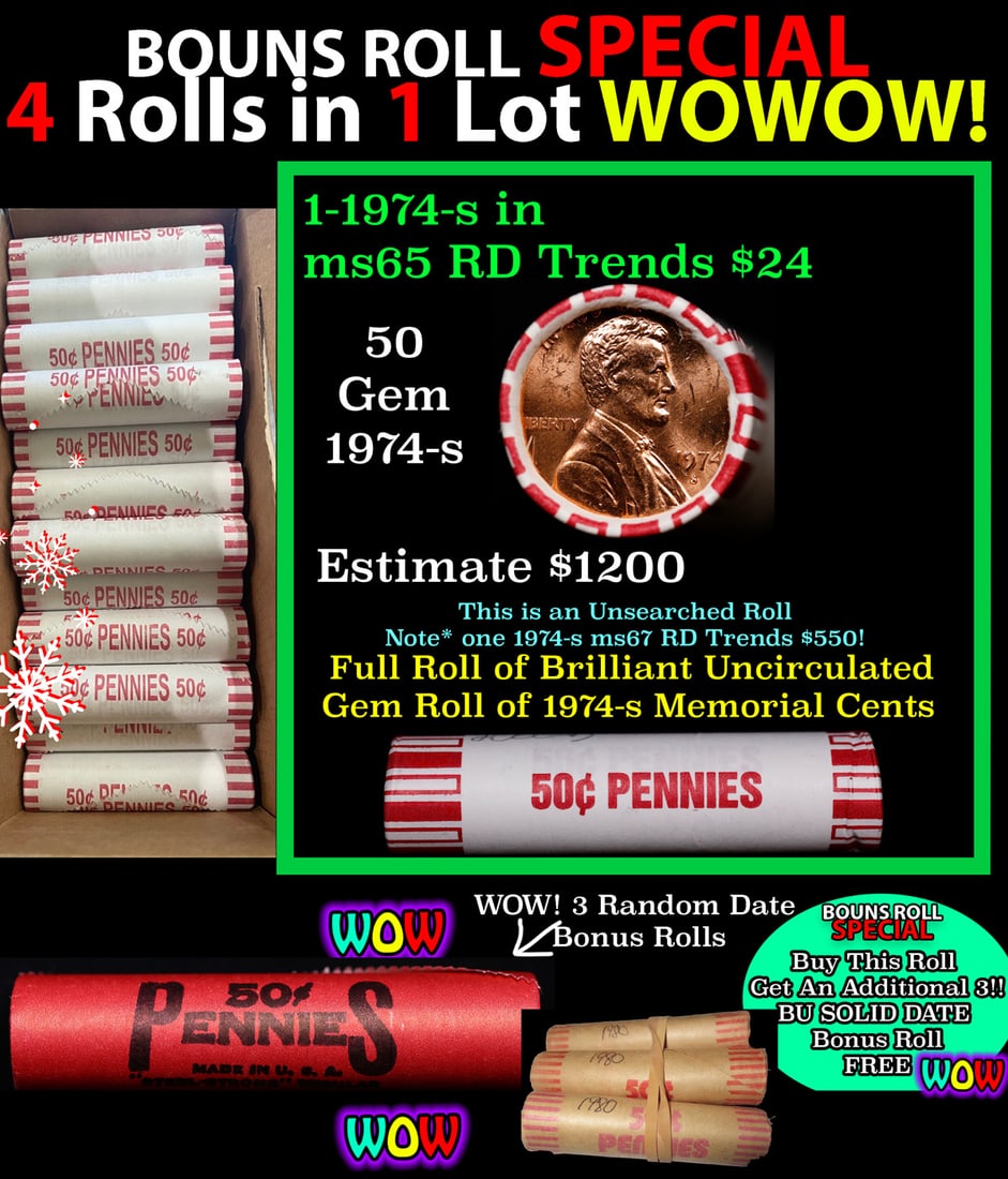 THIS AUCTION ONLY! BU Shotgun Lincoln 1c roll, 1974-s 50 pcs Plus THREE bonus random date BU roll!: THIS AUCTION ONLY! BU Shotgun Lincoln 1c roll, 1974-s 50 pcs Plus THREE bonus random date BU roll! Bank Wrapper 50c. A terrific Shotgun roll of Lincoln cents in a Bank wrapper. Most if not all coins s