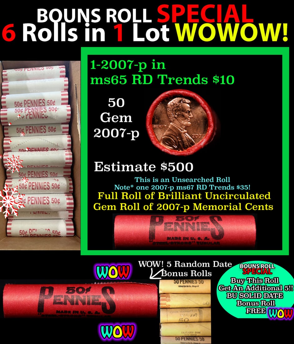 THIS AUCTION ONLY! BU Shotgun Lincoln 1c roll, 2007-p 50 pcs Plus FIVE bonus random date BU roll!: THIS AUCTION ONLY! BU Shotgun Lincoln 1c roll, 2007-p 50 pcs Plus FIVE bonus random date BU roll! Bank Wrapper 50c. A terrific Shotgun roll of Lincoln cents in a Bank wrapper. Most if not all coins sh