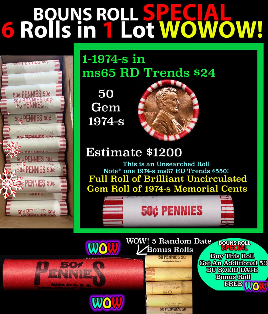 THIS AUCTION ONLY! BU Shotgun Lincoln 1c roll, 1974-s 50 pcs Plus FIVE bonus random date BU roll!: THIS AUCTION ONLY! BU Shotgun Lincoln 1c roll, 1974-s 50 pcs Plus FIVE bonus random date BU roll! Bank Wrapper 50c. A terrific Shotgun roll of Lincoln cents in a Bank wrapper. Most if not all coins sh