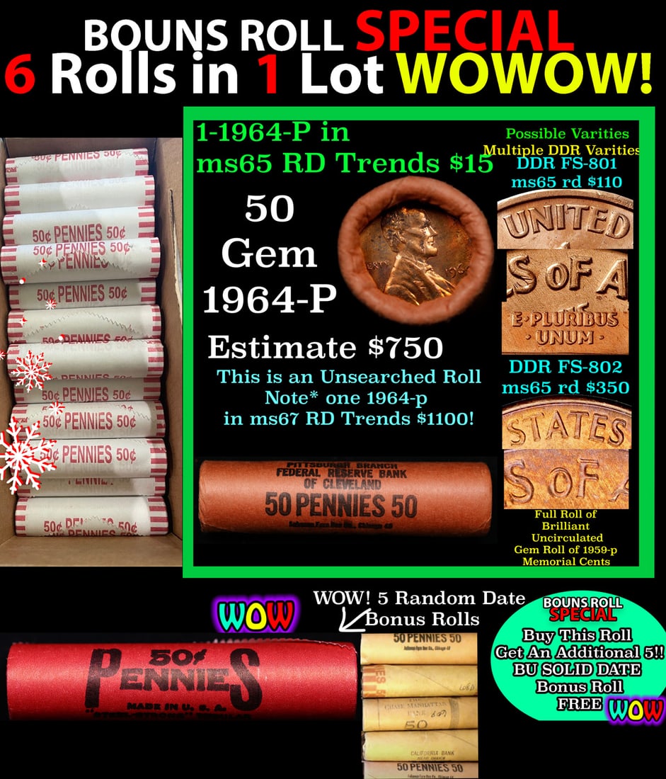 THIS AUCTION ONLY! BU Shotgun Lincoln 1c roll, 1964-p 50 pcs Plus FIVE bonus random date BU roll!: THIS AUCTION ONLY! BU Shotgun Lincoln 1c roll, 1964-p 50 pcs Plus FIVE bonus random date BU roll! Bank Wrapper 50c. A terrific Shotgun roll of Lincoln cents in a Bank wrapper. Most if not all coins sh