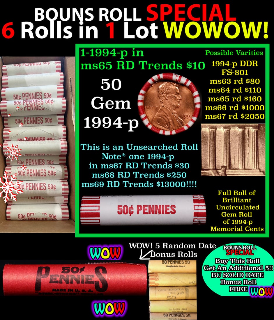 THIS AUCTION ONLY! BU Shotgun Lincoln 1c roll, 1994-p 50 pcs Plus THREE bonus random date BU roll!: THIS AUCTION ONLY! BU Shotgun Lincoln 1c roll, 1994-p 50 pcs Plus THREE bonus random date BU roll! Bank Wrapper 50c. A terrific Shotgun roll of Lincoln cents in a Bank wrapper. Most if not all coins s